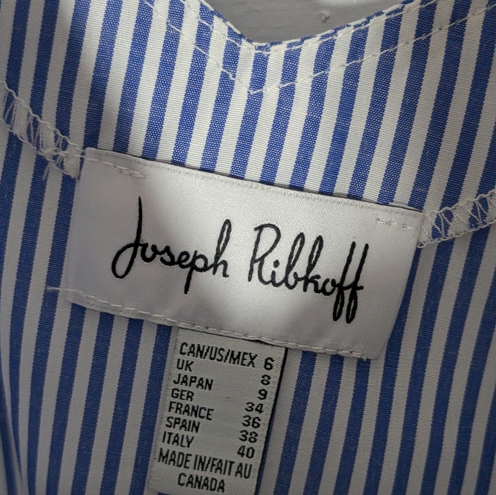 Joseph Ribkoff Blue & White Striped Blouse Floral Embroidered Sleeves - Picture 3 of 5